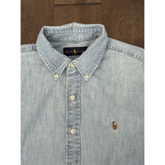 Ralph Lauren Shirt Mens L Blue Denim Chambray Long Sleeve Button Down Flesh Pony - Picture 2 of 7